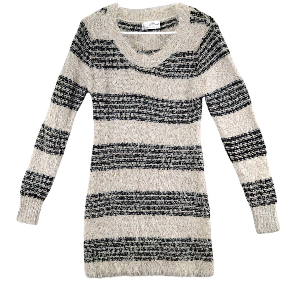 Mirumi Striped Fuzzy Knit Sweater Dress Long Sleeve Sparkle‎ V Neck M